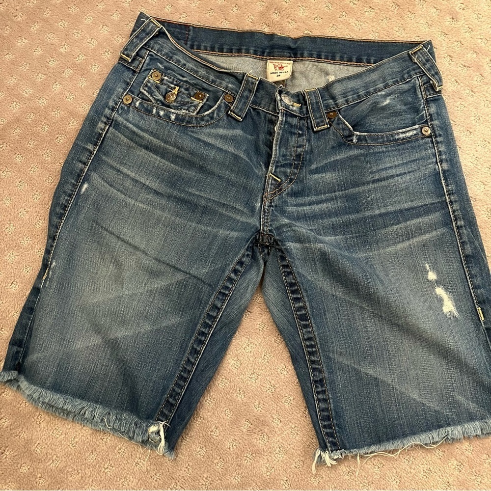 True religion cut off blue denim jeans.  Raw edge.  EUC! Jorts!